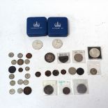 Various British and world coins, including 1889 crown and cased Royal Mint silver crowns