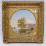 E F Rowe, circular oil on panel, Dutch river landscape, dated 1852, 28cm x 28cm, gilt-gesso frame