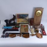 Various collectables, including enamelled white metal cigarette box, shoe lasts, fishing reels etc