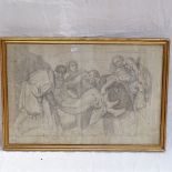 19th century pencil drawing, religious composition, unsigned, 16" x 24", framed