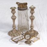 A pair of silver plated candlesticks with acanthus leaf decoration, height 27cm, 2 silver plated