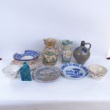 Various Dutch and European tin-glaze ceramic plates, salt glaze stoneware flagon, pair of faience