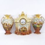 An Edwardian Staffordshire Pottery 3-piece clock garniture, with 2-train movement, height 40cm