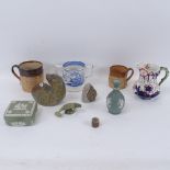 Doulton Lambeth harvest mug and another, carved stone figures and pillbox, Wedgwood box and vase etc