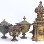 4 cast-brass pedestal grapevine baskets and covers, and a pair of gilded cast-brass pediments,