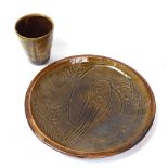 A Seth Cardew for Wenford Bridge Pottery Studio pottery cup and plate, impressed maker's marks on