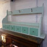 A painted pine hanging shelf, with 6 short spice drawers, L136cm, D23cm, H64cm