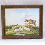 Clive Fredriksson, oil on board, study of sheep goats and cattle in a meadow, 48cm x 62cm, framed