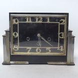 An Art Deco ebonised wood and chrome 8-day mantel clock, case length 30cm