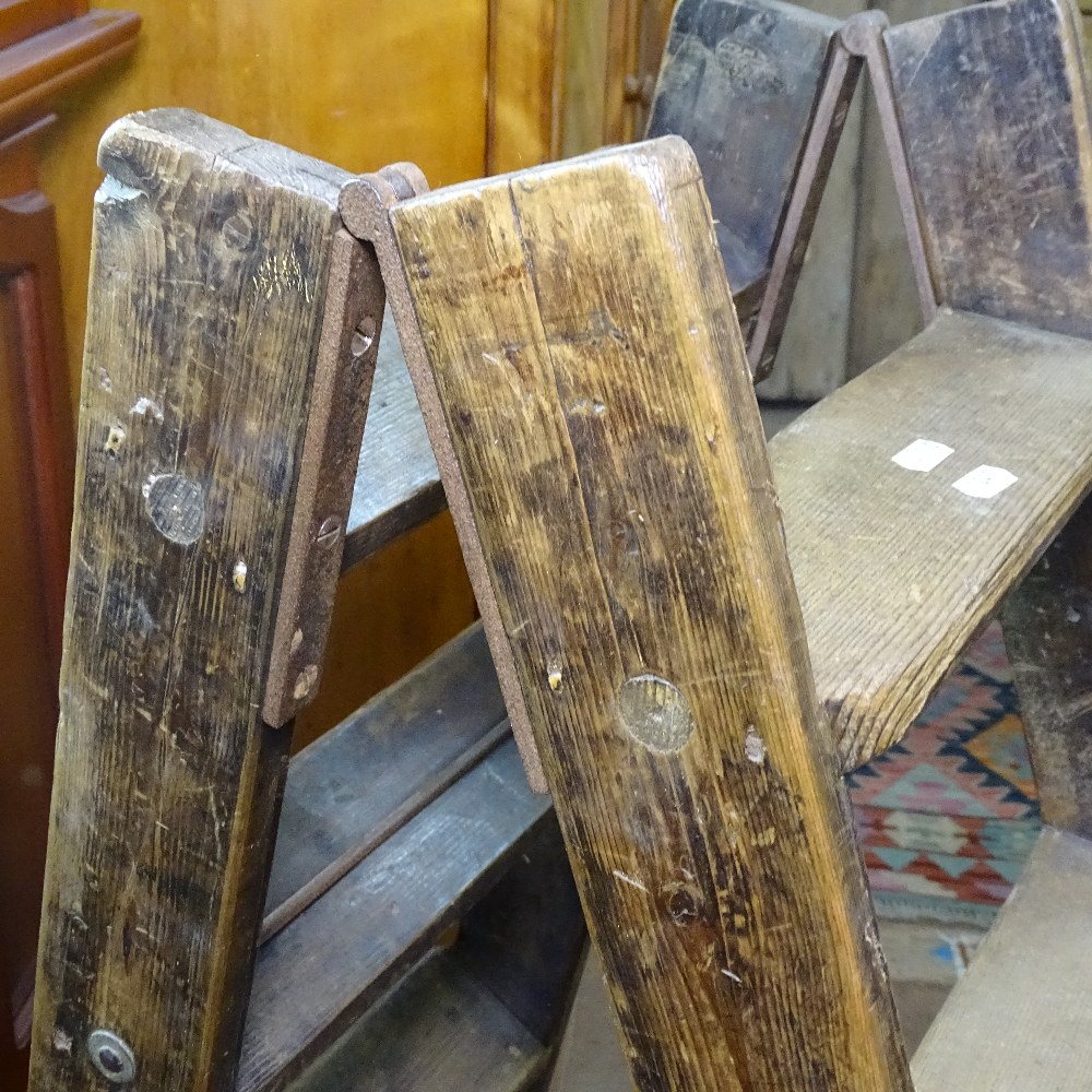 A Vintage polished pine folding library ladder, overall length 250cm - Image 2 of 3