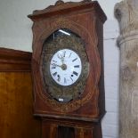 An Antique French pine-case comtoise clock, with white enamel dial, 2-train movement and ornate