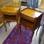 2 similar French walnut bedside tables, single drawers, on cabriole legs, W42cm, H70cm