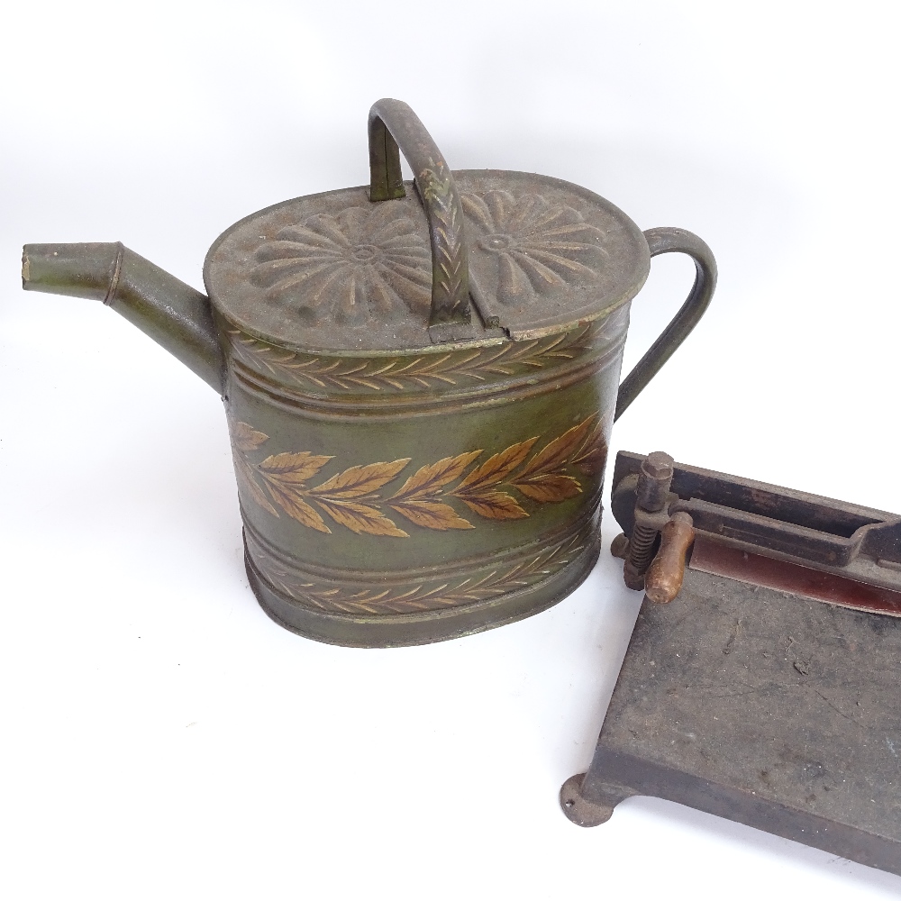 A painted and gilded bargeware tin water can, and a cast-iron paper guillotine, can height 34cm (2) - Image 2 of 3