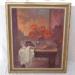 Oil on canvas, still life study, flowers on a table, signed, 85cm x 70cm, framed