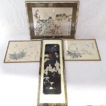 Oriental panel with applied shell decoration, height 90cm, pair of Oriental floral studies, and