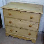 An Antique pine chest of 3 long drawers on bracket feet, W85cm, D48cm, H80cm