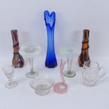 A pair of vaseline glass vases, 17cm, a Murano snake, and other glassware