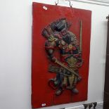 A Chinese red lacquered panel, with relief carved warrior decoration, W41cm, L65cm