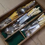 A Vintage pine cutlery tray, and a collection of mixed plated cutlery