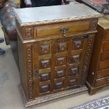 A French beech side cabinet, with single drawer and carved and fielded panelled cupboard door under,