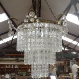 A brass 3-tier glass lustre pendant chandelier, height 30cm