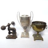 A large silver plated 2-handled samovar, a painted cast-iron spiral press, and a brass pedestal urn,