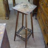 1920s oak jardiniere stand, with spindle gallery shelf, on splayed leg base, H92cm