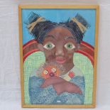 Victor Mora (Cuban), mixed media painting, portrait of a child, 27" x 19", framed