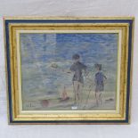 Sinclair, oil on board, children at the beach, indistinctly signed, 15" x 18", framed