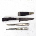 An Austrian hunting knife and scabbard, and 2 silver-bladed mother-of-pearl fruit knives (3)