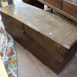 A 18th century Spanish walnut blanket box, with steel strapwork, W129cm, D49cm, H52cm