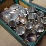 A collection of modern pewter tankards, hip flasks etc