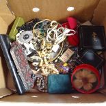 A box of mixed costume jewellery, a wristwatch, to include Monet