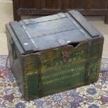 A Second World War painted pine ammo box, with allover script, W60cm, D44cm, H44cm