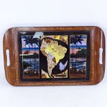 A Brazilian marquetry and butterfly wing inlaid Rio de Janeiro tea tray, length 48cm