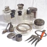 3 silver-topped toilet bottles, a cut-glass and silver collared scent bottle (no stopper), a