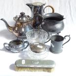 A silver plated hot water jug with woven wicker handle, a silver plated teapot by Martin Hall &