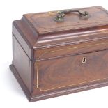 A 19th century brass inlaid mahogany games box, brass swing handle with velvet lined lid interior,