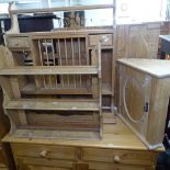 A pine hanging plate rack, a pine 3-tier shelf, and a small pine hanging corner cabinet