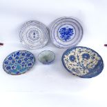 A group of various glazed pottery faience wares, including Turkish? floral plate (5)