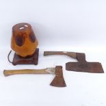 2 Vintage steel-headed axes, and a turned fruitwood table lamp, lamp height 26cm (3)