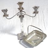 An electroplated Corinthian column design 2 branch table candelabra, height 46cm, and a