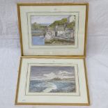 J Finn-Kelcey, watercolour, "Bamburgh Castle" and study of Polperro harbour, framed (2)