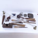 Various woodworking tools, including planes and mortice gauge, glass towel rail etc