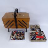 Various sewing equipment, including cantilever sewing box, and various costume jewellery