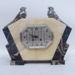 An Art Deco Jean Ernilney marble-cased mantel clock, with pewter bird mounts, length 34cm
