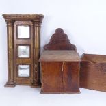 An 18th century mahogany candle box, a pine hanging letter rack, and a gilt-gesso 3-pane column wall