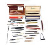 Various fountain and propelling pens/pencils, including Parker Senior Duofold, Aurora International,