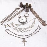 A collection of silver jewellery, to include necklaces, a fob watch (A/F), yard o' lead propelling