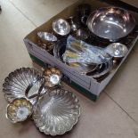 A tray of plated ware, to include strawberry dish, sundae dishes, flambe dish on stand, cutlery etc